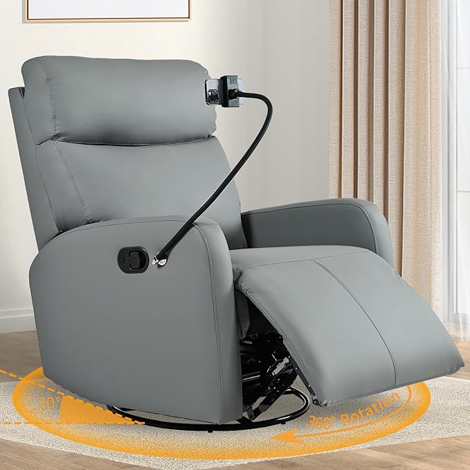 Swivel Rocker Recliner Chair for Nursery Upholstered 360° Leather-air Glider Rocking Chair with Phone Holder Manual Small Recliners for Small Spaces Living Room