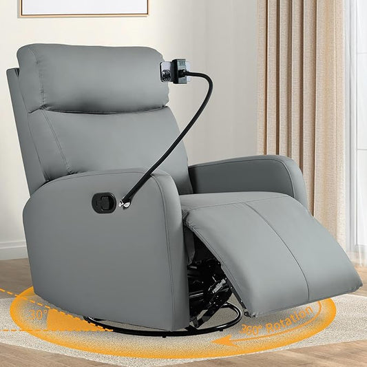 Swivel Rocker Recliner Chair for Nursery Upholstered 360° Leather-air Glider Rocking Chair with Phone Holder Manual Small Recliners for Small Spaces Living Room