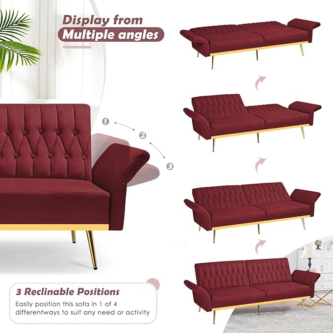 70 Velvet Futon with Adjustable Backrest and Armrests Sofa Bed with Extra Pillows for Waiting Room Living Room and Office Red