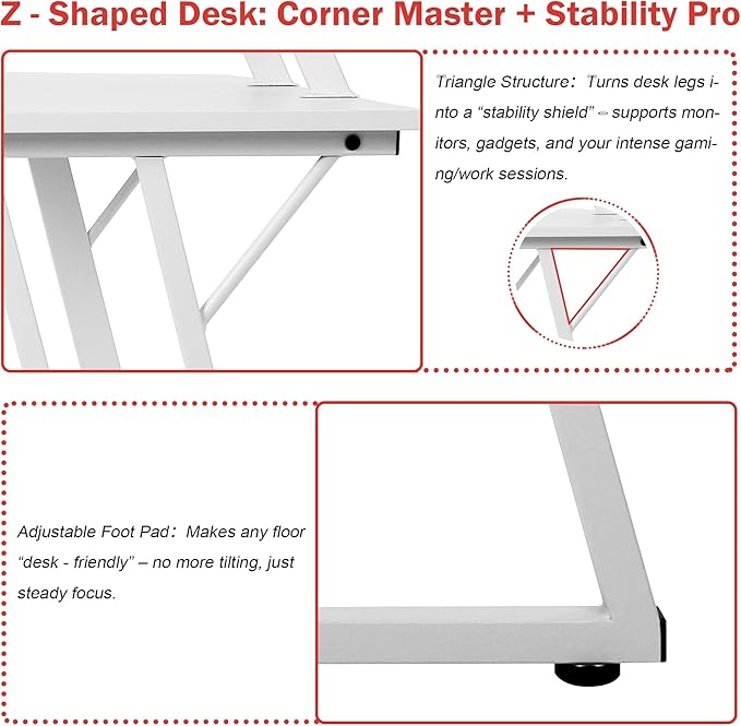 Bigacc L Shaped Gaming Desk 50 Corner Desk Spacious Dual Tops P2 Particleboard Metal Z-Legs Adjustable Non-Slip Pads Scratch/Waterproof Multi-Use Home Office/Game Room/Dorm