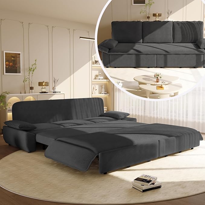 94.5‘’ King Size Sleeper Sofa Bed 3-in-1 Corduroy 3-Seater Sofabed Pull-Out Couch Upholstered Cloud Pullout Futon Space Saving for Living Room Gray