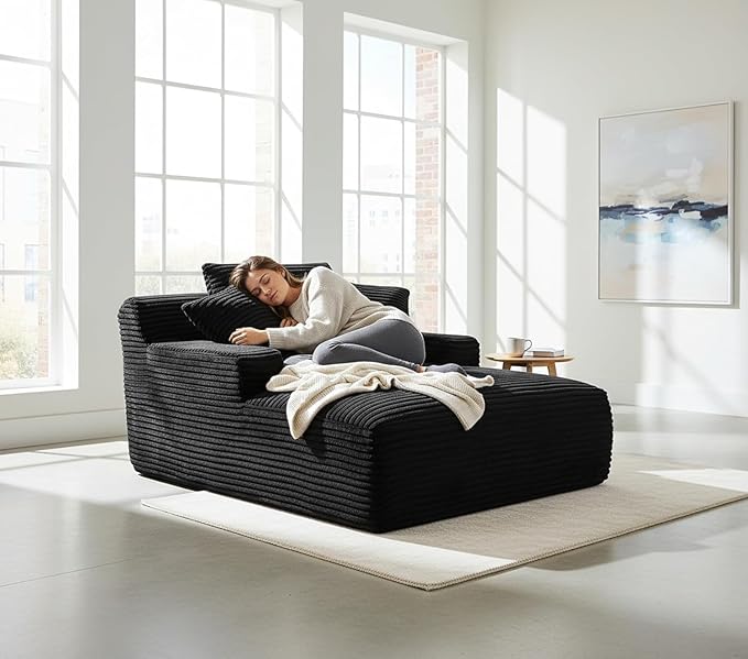 Container Furniture Chamden Oversized Chaise Lounge Chair Modern Corduroy Sofa Bed with Full Foam Cushioning Cozy Convertible Sleeper for Living Room or Bedroom Black