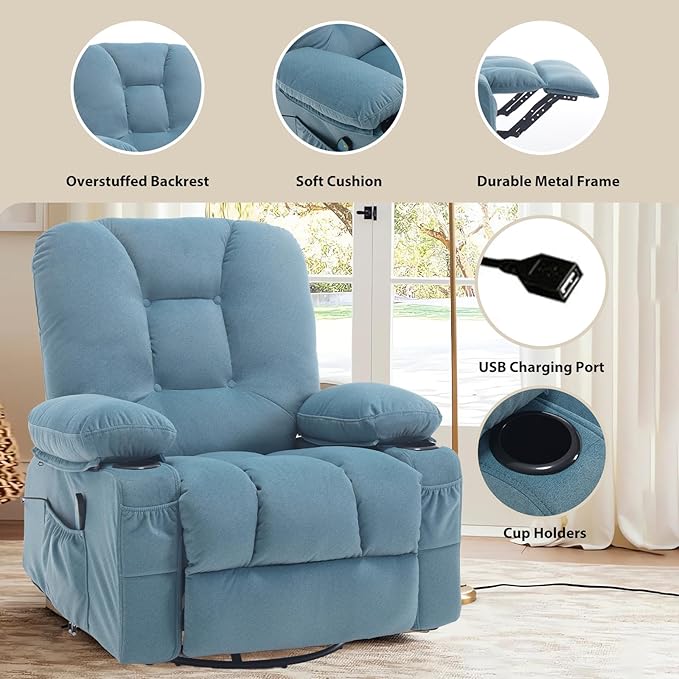Rocker Recliner Chair with Massage and Heat Fabric Overstuffed Swivel Recliners Glider with Cup Holder Side Pocket Rocking Reclining Sofa Chair for Adults Living Room Blue