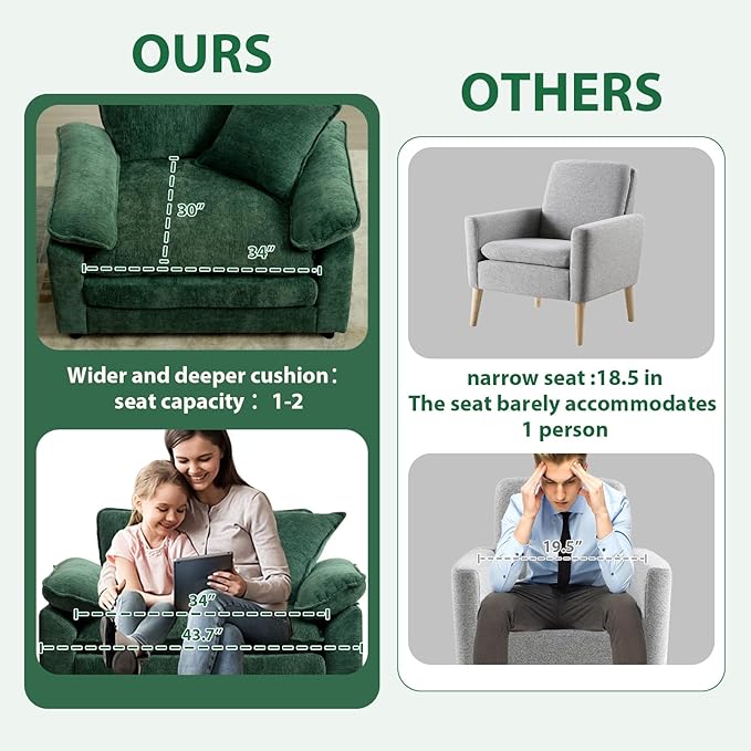 Green Modern Oversized Chair Set of 2 Comfy Chenille Accent Chair Large Upholstered Armchair with Extra Thick and Deep Seat Lounge Chair for Living RoomBedroomApartment