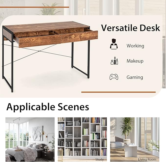 Tangkula Computer Desk with 2 Drawers 44 Study Writing Table w/Heavy-Duty Steel Frame &amp Reinforced Structure PC Desk with Storage for Home Office (Coffee)