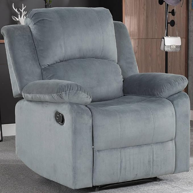 CANMOV Manual Recliner Chair Soft Fabric Overstuffed Recliner Single Sofa Chair for Living Room Heavy Duty and Safety Reclining Mechanism (Blue Grey)