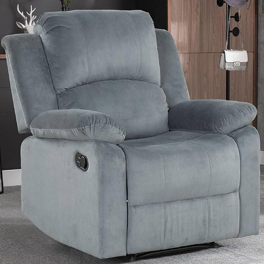 CANMOV Manual Recliner Chair Soft Fabric Overstuffed Recliner Single Sofa Chair for Living Room Heavy Duty and Safety Reclining Mechanism (Blue Grey)