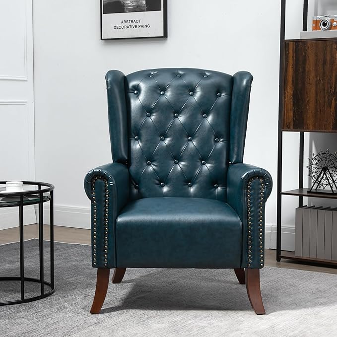 MOJAY Modern PU Leather Accent Chairs Set of 2 Mid-Century Living Room Chairs Upholstered Club Arm Chair Single Sofa Chair with Solid Wooden Legs for Bedroom Study Home Office Reception (DarkBlue)