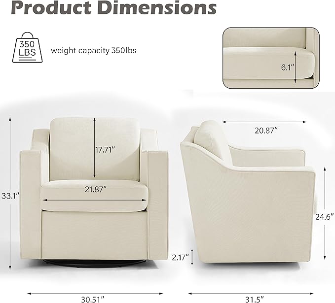 UIXE Swivel Accent Chair Chenille Upholstered Armchair for Living Room Comfy Single Sofa Bedroom Reading Seat with Lumbar Pillow - Beige