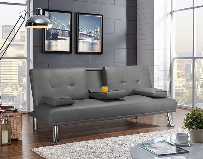 Futon Sofa Bed Modern Folding Couch for Small Space Faux Leather Convertible Loveseat Sleeper Bed Daybed Recliner Lounge Sofas for Living Room2 Cup HoldersMetal LegsRemovable Armrests (Gray)