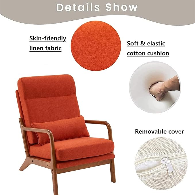 Accent Chair with Cushion Mid-Century Modern Upholstered Single Reading Armchair High Back Sofa with Linen Fabric + Solid Wood Frame for Living Room Bedroom Lounge Balcony (Orange)