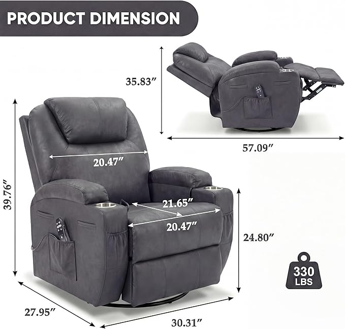 Flamaker Swivel Rocker Recliner for Adults 360 Glider Rocking Chair with Vibration Massage Upholstered Recliner Chair with 2 Cup Holders &amp Side Pockets for Living Room Nursery (Leathaire Grey)