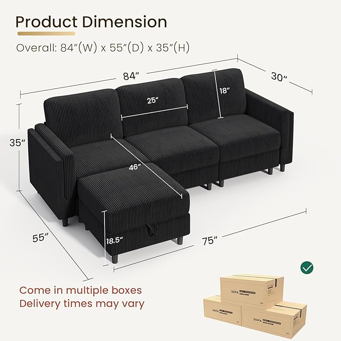 KKL Modular Sectional Sofa Bed with Storage Ottoman Convertible L/U-Shaped Sleeper Couch for Living Room Modern Reversible Design Black
