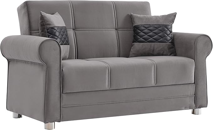 Sweet Home Stores 61 Loveseat with Storage Firm Fabric 2 Seater Convertible Small Sleeper Couch Bed for Living Room or Home Office Gray