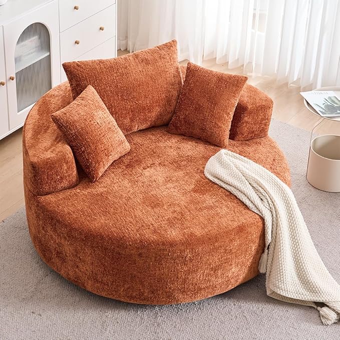 54.3″ Round Swivel Couch Plush Chenille Deep Seat Cozy Reading Chair XL Modern Oversized Swivel Accent Barrel Chair for Living Room Bedroom Lounging (Orange)