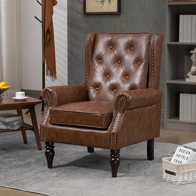 Mid-Century Wingback Chair PU Leather Accent Chair Armchair with ButtonsModern Living Room Chairs with Rivet DecorationLeisure Single Sofa Chair for BedroomClubHome Reception (PU Brown)