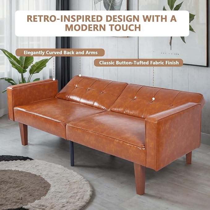 Faux Leather Adjustable Sofa Two-Seater Sofa with Wooden Legs Foldable Sofa Bed mid-Century Style Lounge Sofa Suitable for Apartments Living Room Bedroom Study Office Lounge Brown