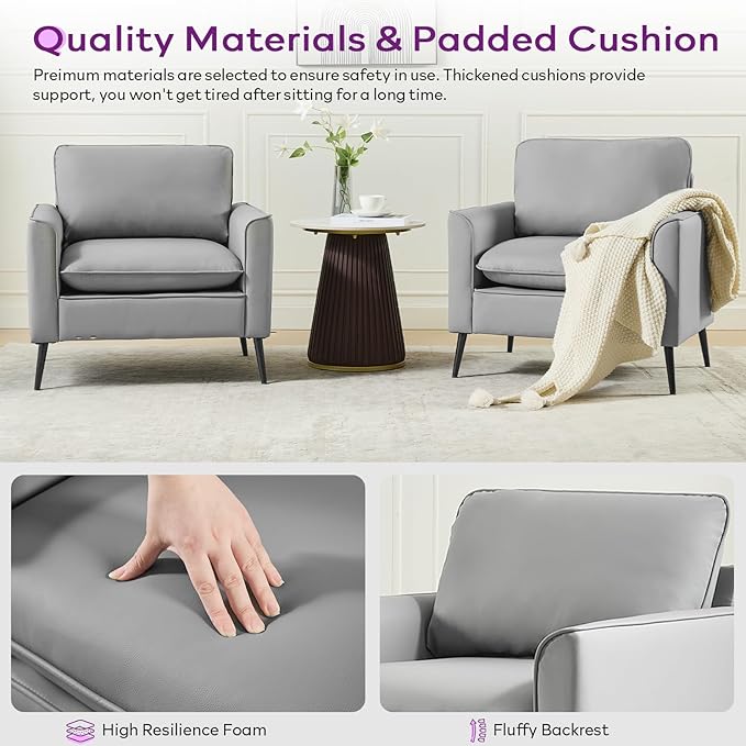 TYBOATLE Accent Chair Set of 2 Grey Leather Accent Chair Comfy Living Room Chair Cozy Reading Sitting Chair Mid Century Modern Accent Chairs Arm Reception Chairs Office Furniture