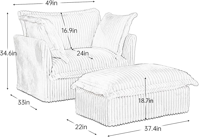 healthomse Chenille Fabric Slipcovered Armchair with Wide Ottoman Deep Seat Living Room Chair Set with 2 Large Soft Pillows (2-Piece) (Cream)