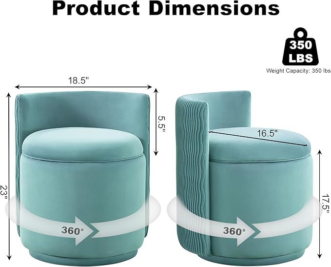 360° Swivel Velvet Vanity Chair with Storage Barrel Makeup Chair with Wave Back No Assembly Vanity Stool Small Accent Chair for Living Room Teal