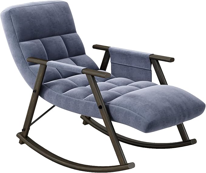 Folding Upholstered Rocking Chair Casual Lounge Chair with Adjustable High Back and Footrest Side Pockets Suitable for Living Room Bedroom or Balcony