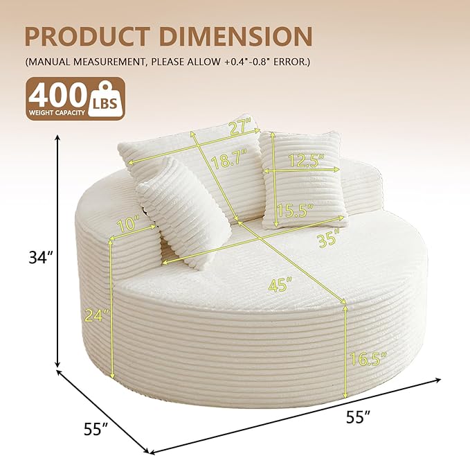 Oversized Round Chair Lounge Chaise Indoor Upholstered Corduroy Deep Seat Cloud Large Circle Sofa Chair No Assembly Required Fluffy Modern Sleeper Sofa Bed for Reading Living Room Bedroom White
