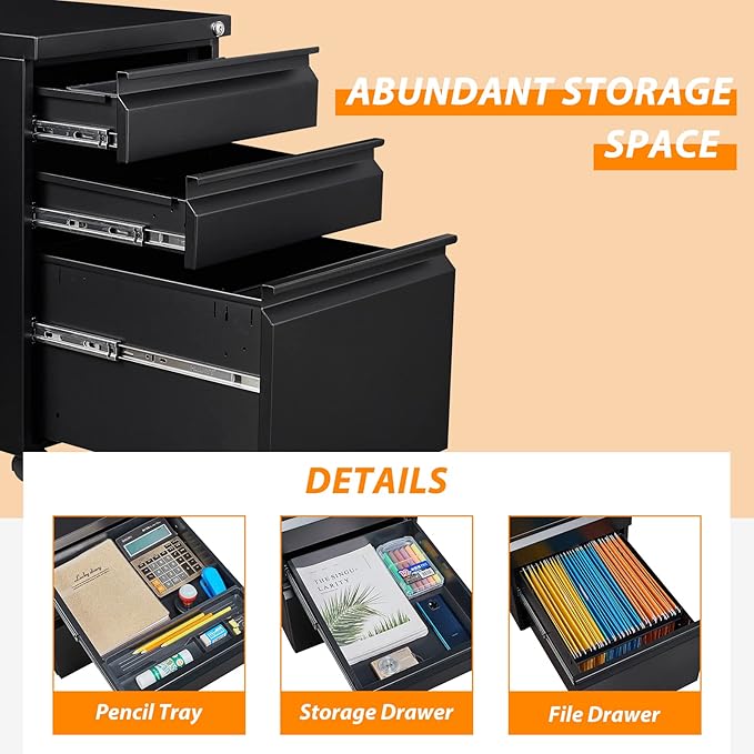 3 Drawer File Cabinet with Wheels Metal Filing Cabinet with Lock Office Rolling File Cabinets for A4/Legal/Letter Size Assembly Required Black