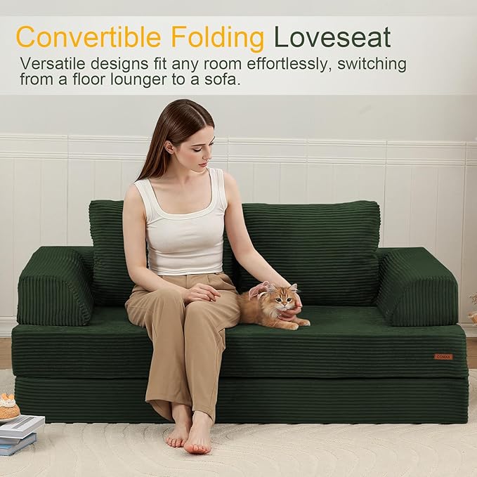 COMAX Convertible Sofa Bed Folding Floor Couch Corduroy Fold Out Couch Bed Futon Sleeper Mattress with Pillows Boneless Sofa Comfy Lounge Loveseat for Living Room Bedroom Green