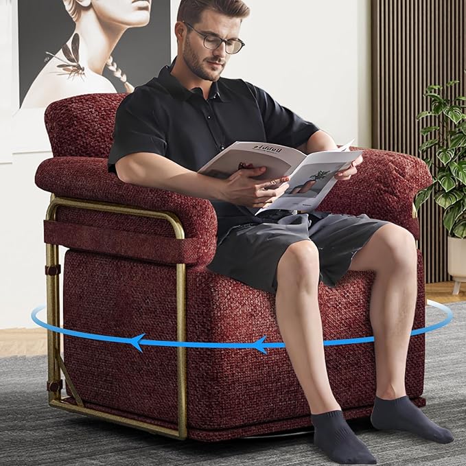Swivel Accent Chairs 360 Swivel arm Chairs for Bedroom Club Chair with Back Gold Frame Tall Base for Office and Living Room (Red)