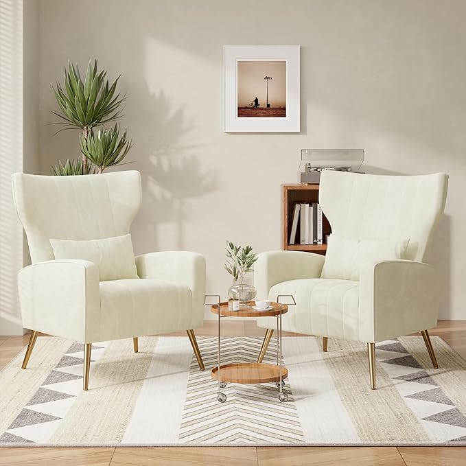 Velvet Accent Chair Set of 2Wingback for Living Room High Back Arm Chair with Golden Legs Lumbar Pillow Upholstered Single Sofa Bedroom Beige