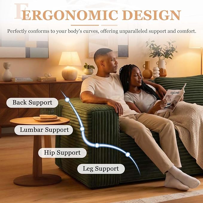 63 Green Boneless Couches for Living Room Compressed Sofa Couch in a Box Corduroy Memory Foam Floor Couch for Adults Memory Foam Deep Seat No Assembly Required (Green)