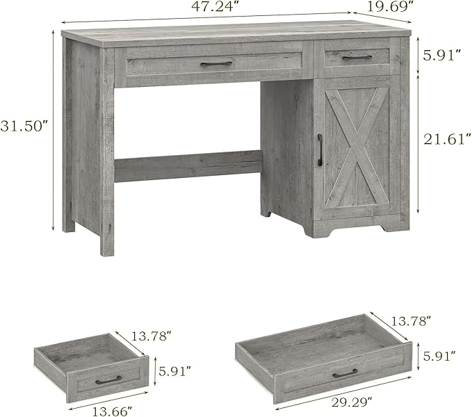 Vabches Farmhouse 51 Executive DeskComputer Desk with Drawers and Storage Cabinet Workspace for Home Office and Study.Grey