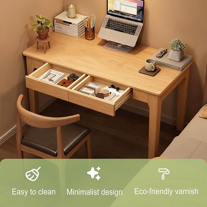 Solid Wood Desk with Drawers Writing Study Table for Small Spaces Mid Century Versatile Home Office Computer Workstation Wooded Vanity Table for Bedroom