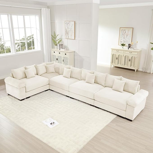 155.3 Oversized Modular Sectional Sofa Corduroy Large Sectional Couches for Living Room 4 Seater Couches Modern Deep Seat Sofa Set with Chaise White
