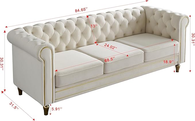 3 Seater Chesterfield Button Tufted Velvet Sofa Wide Upholstered Couch with Rolled Arms Removable Cushions Metal Legs for Living Room Office Apartment (Beige)