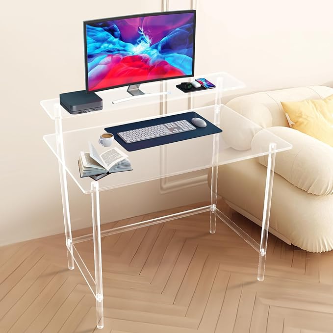 Clear Acrylic 2 Tier Freestanding Desk Clear Desk w/31.5x19.69in Desktop 34.65in Height 88lbs Load Capacity Modern Rectangular Computer/Writing Desk for Home &amp Office