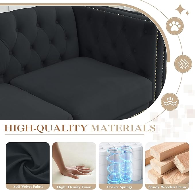 2 Piece Chesterfield Sofa Comfy Velvet Tufted Mid Century Modern Couch Set Cloud Futon Loveseat Gold Legs &amp Nailhead Deep Seat Sofas for Living Room Office (Black Couch and Loveseat Set of 2)
