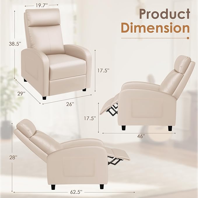 Rankok Recliner Chair Modern PU Leather Reclining Chair Ergonomic Adjustable Recliner for Living Room Home Theater Seating Single Sofa (Beige)