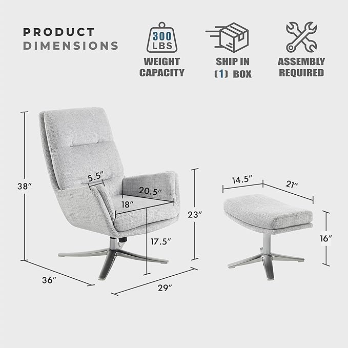Lexicon 360 Degree Swivel Accent Chair with Ottoman Chenille Upholstered Swivel Lounge Chair with Armrest Criss-Cross Legs and Footstool for Living Room/Office/Bedroom Gray