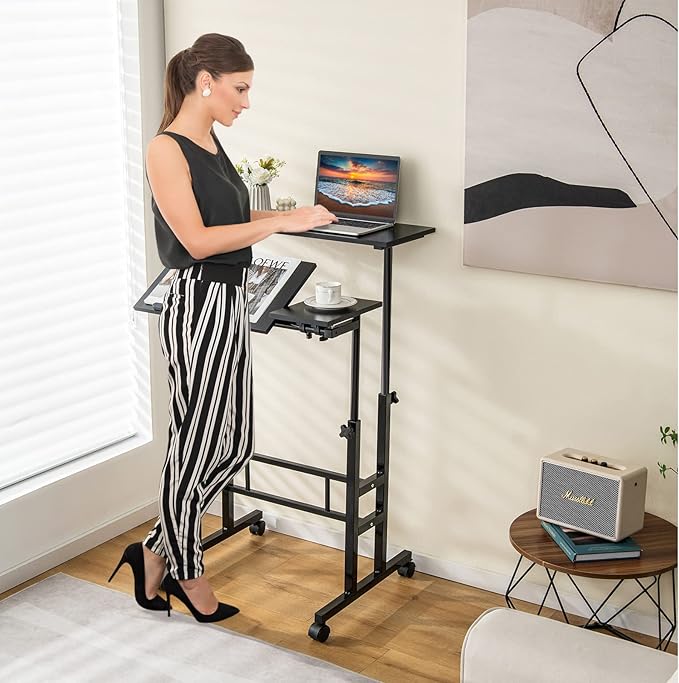 Giantex Mobile Standing Desk Height Adjustable Stand Up Desk with Wheels &amp Tilting Tabletop Rolling Laptop Cart Computer Workstation for Standing or Sitting Home Office Sit Stand Desk Black