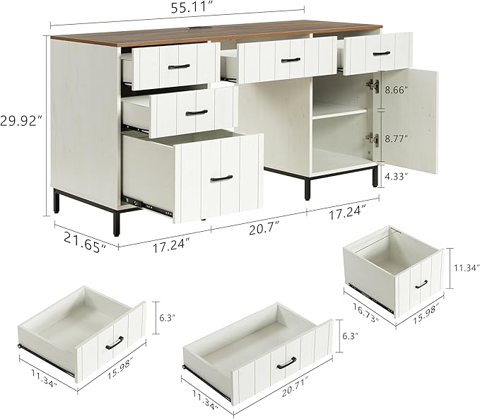 55 Executive Desk Modern Wood Office Table with Charging Station 5 File Drawer &amp 1 Storage Cabinet Home Computer Writing Desk for Work Study Living Room Bedroom (White)