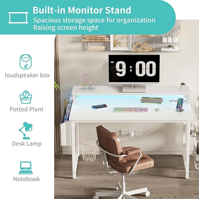 Lufeiya Small White Desk with LED Lights and Power Outlets 32 Inch Home Office Computer Desks with Monitor Stand Teen Writing Study Table Gaming Desk with Charging Station White