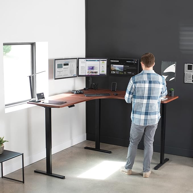 VIVO Electric Height Adjustable 71 x 71 inch Curved Corner Stand Up Desk Dark Walnut Table Top Black Frame Memory Controller L-Shaped Workstation E3C Series DESK-KIT-E3CBD