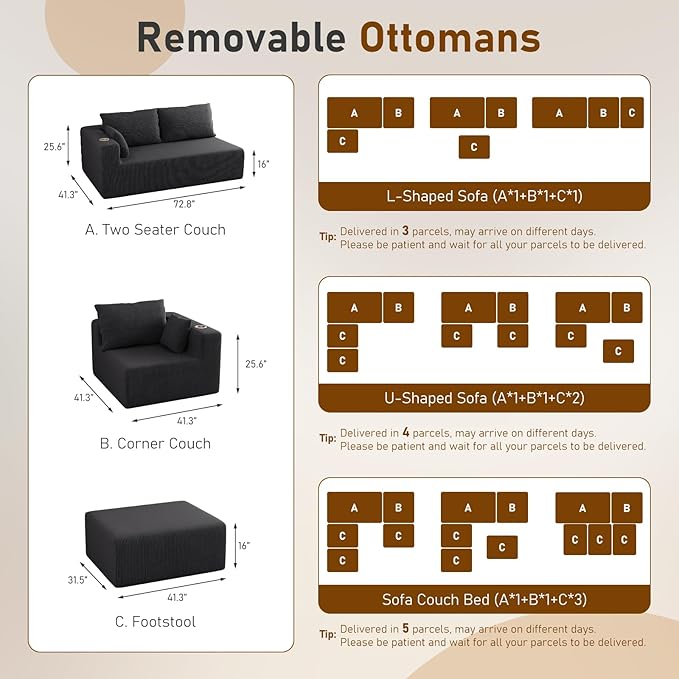 Furnimart 112 Oversized 3 Seater Sleeper Couch Sectional Sofa Bed Boneless Cloud Couches for Living Room Modern Deep Seat Modular Sofa No Assembly Corduroy Black