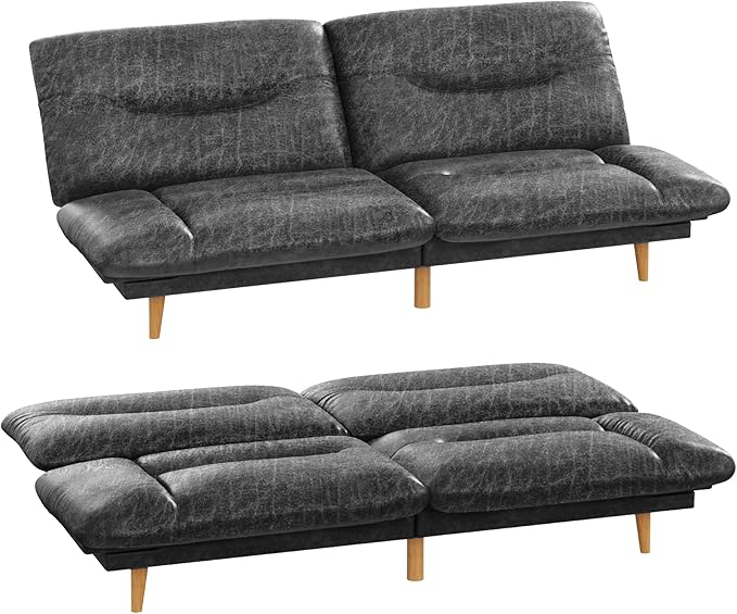 Homall Futon Sofa Bed Modern Loveseat Futon Couch with Adjustable Backrest and Armrests Sleeper Sofa Bed with Wood Frame for Living Room Office Apartment (Leathaire Coal Black)