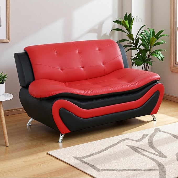 Leather Lovesat Sofa Couch Loveseat Sofa for Living Room Furniture Set 2 Seater Sofa with Metal Legs for Living Room/Bedroom/Office Black &amp Red