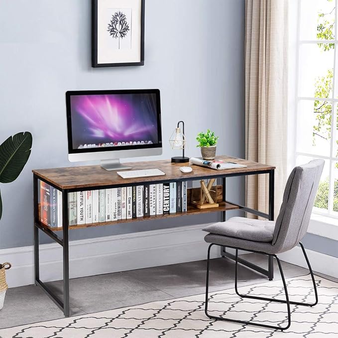 Tangkula 55 Inches Computer Desk with Bookshelf Study Writing Table w/Storage Shelf &amp Sturdy Metal Frame Home Office Desk with Adjustable Foot Pads &amp Spacious Desktop Computer Workstation