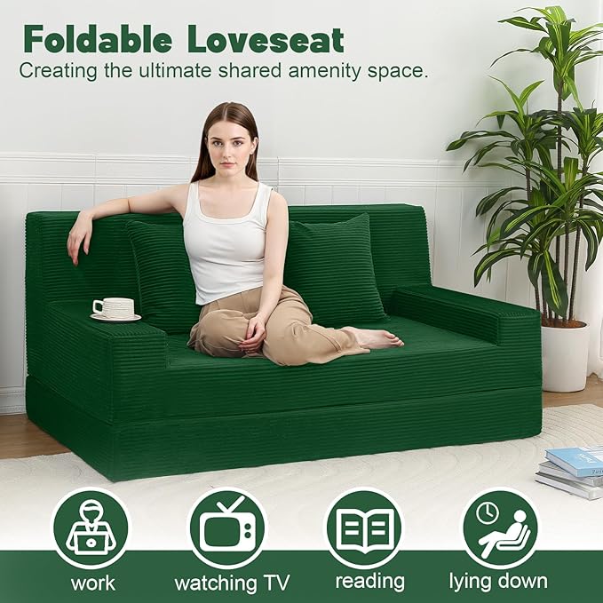 MeMoreCool Corduroy Loveseat Sleeper Sofa – Green Boneless Fold-Out Couch Bed with Foam Core Convertible Floor Futon with Pillow &amp Washable Cover for Small Spaces Bedroom Guest Room