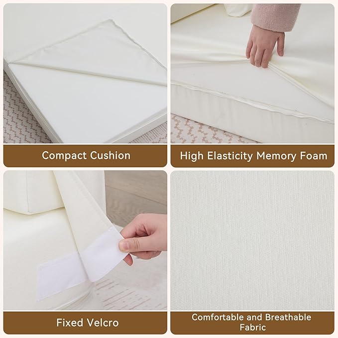Folding Sofa Bed Convertible Floor Couch Foldable Chair Bed with PillowLinen Sleeper Chair FutonFoldable Memory Foam Mattress for Bedroom/Living Room/Dorm/Office (Beige Queen)