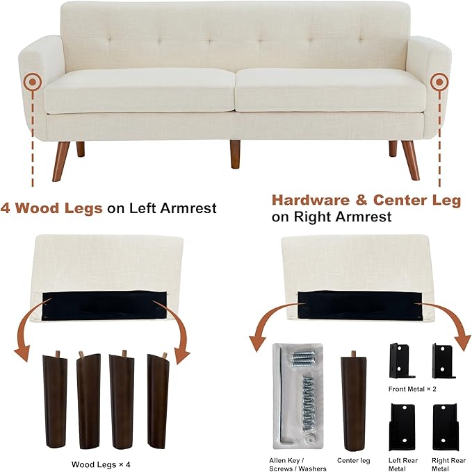 Tbfit 77.2 W Linen Sofa Couch Mid Century Modern Decor Loveseat Couches for Living Room Button Tufted Upholstered Small Couch for Bedroom Solid and Easy to Install Love Seats Furniture Beige | l